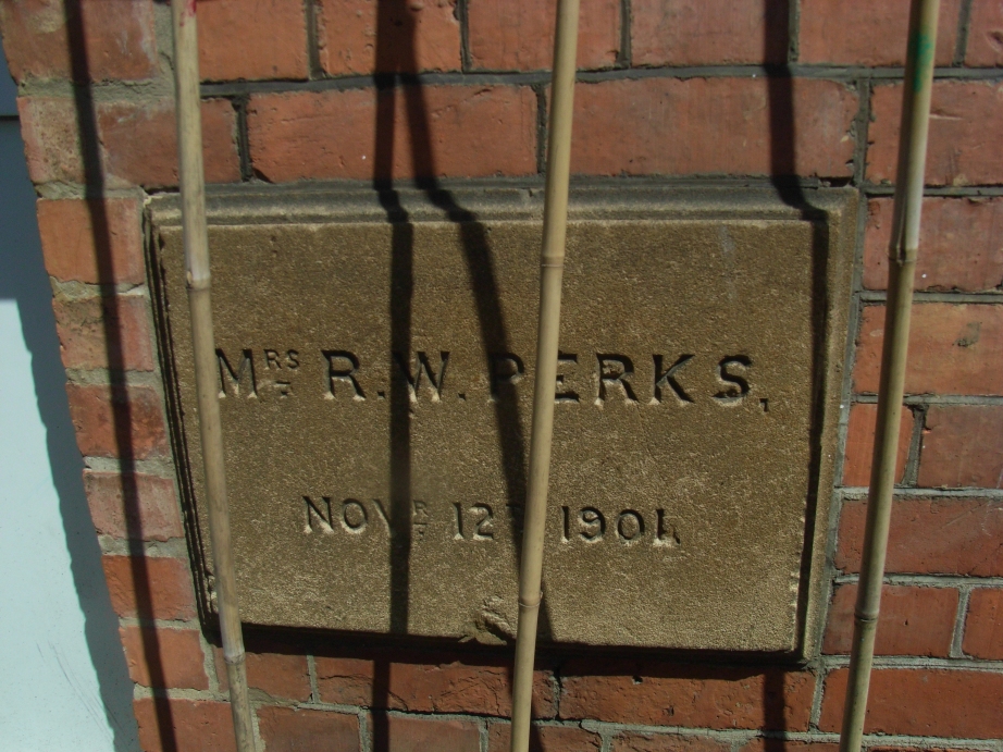 The foundation stone laid by William Mewburn Jr's sister Edith, who was married to R W Perks.